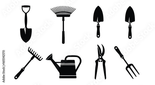 Vector silhouette illustration a collection of essential gardening tools including a rake, trowel, watering can, and shears