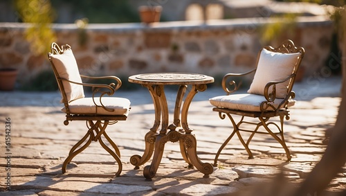 Elegant Terrace Dining Set Bathed in Golden Hour Sunlight on a Stone Patio