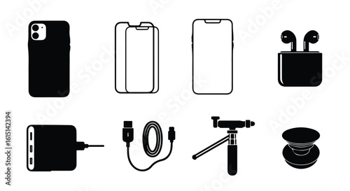 Vector silhouette illustration a collection of mobile phone accessories including a screen protector, charging cable, and tripod