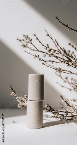 Two stacked cylindrical containers with a textured surface, side-lit with stark shadows and flowering branches. Soft lighting and neutral colors evoke minimalist serenity