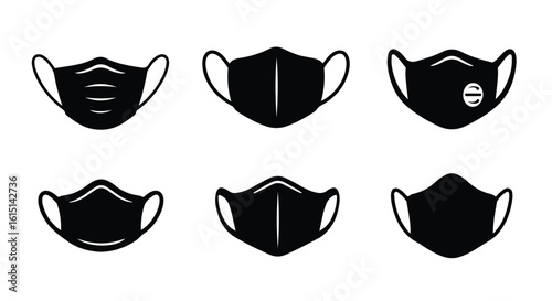 Vector silhouette illustration set. Collection of six black silhouette icons representing different types of protective face masks