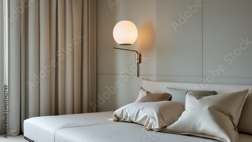 Modern Minimalist Bedroom Interior with Neutral Tones and Elegant Lighting Design