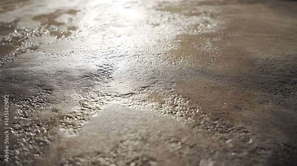 Obraz premium Photograph of wet asphalt with shimmering light reflections and textured ripples.
