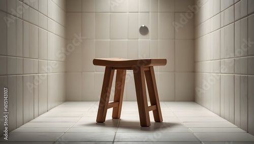 Minimalist Wooden Stool in Serene Tiled Room, Emphasizing Cleanliness and Modern Design