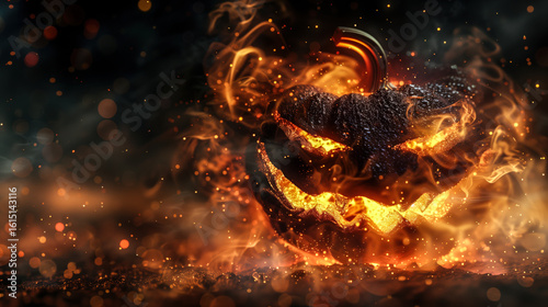 Burning scary Halloween pumpkin Jack-o'-lantern with flames on dark background
