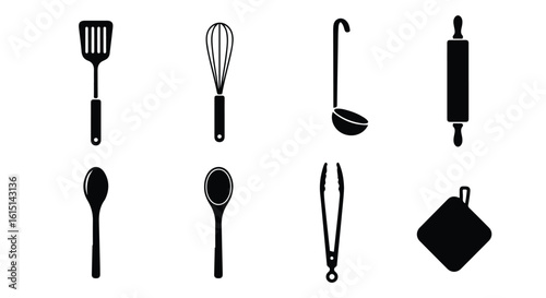 Vector silhouette illustration set. Collection of black kitchen utensils including a spatula, whisk, ladle, rolling pin, spoons, tongs, and a pot holder