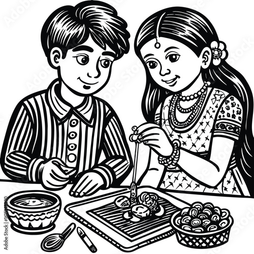 Brother sister preparing food together cooking