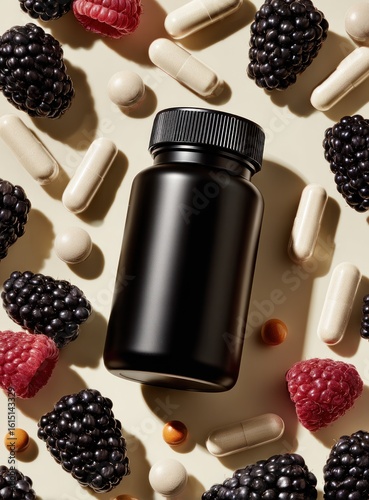 Matte black bottle surrounded by scattered capsules, berries, and small round tablets on a light background, angled for soft shadow play