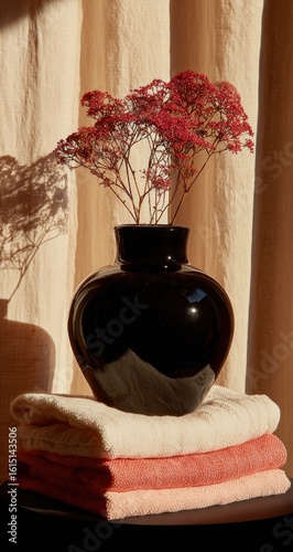 Still life of dark vase with red flowers on folded textiles against a beige curtain
