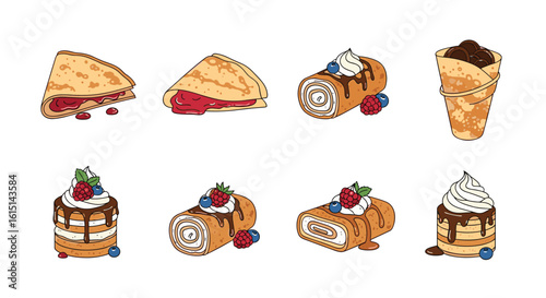 Collection of sweet pastry desserts and delicious baked goods featuring berries and chocolate drizzles