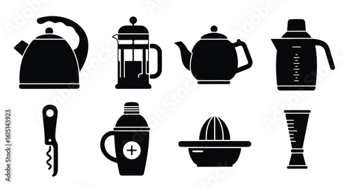 Vector silhouette illustration a set of kitchen and bar icons including a french press, teapot, shaker, and citrus juicer, depicted in black silhouette on white