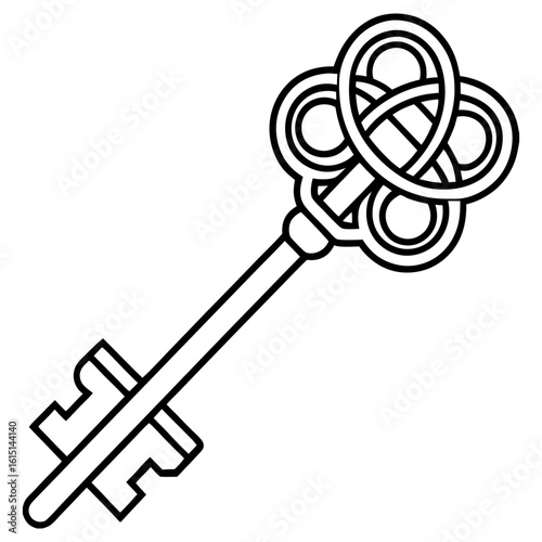 Ornate vintage key with intricate knot design isolated on white background