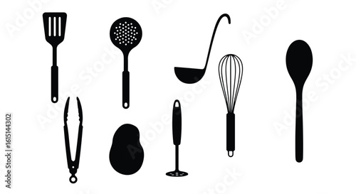 Vector silhouette illustration a collection of black kitchen utensils and tools, including a skimmer, ladle, whisk, and masher, isolated on a white background