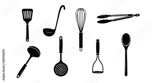 Vector silhouette illustration a group of kitchen utensils including a ladle, whisk, skimmer, masher, and tongs, illustrated in black silhouette on white