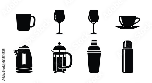 Vector silhouette illustration a set of glassware and beverage preparation tools, including wine glasses, a french press, and a cocktail shaker