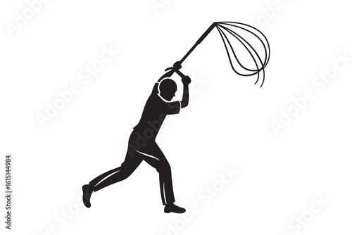 Silhouette of a cricket bowler in action mid delivery with a cricket bat isolated on white background silhouette