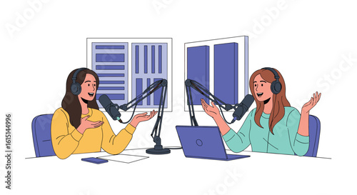 Two women discussing topics in a studio setting with microphones and audio equipment