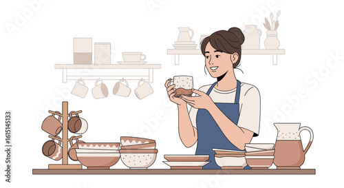 A skilled artisan meticulously examines a handcrafted ceramic cup surrounded by her beautiful pottery collection
