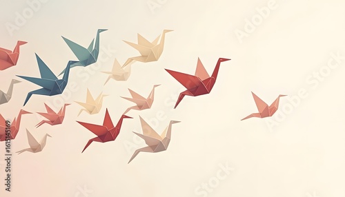 Colorful origami paper cranes flying in formation