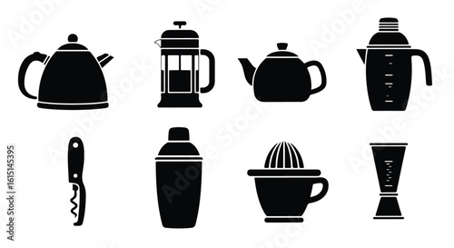 Vector silhouette illustration a collection of black silhouette icons for kitchen and bar tools including a french press, teapot, shaker, and juicer