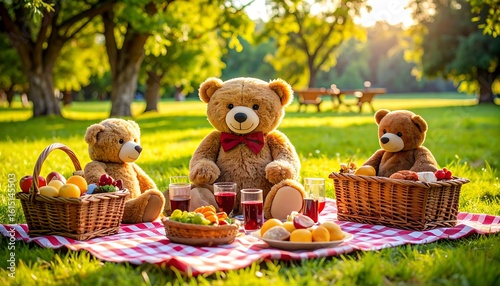Three teddy bears enjoy a picnic outdoors on a checkered blanket amongst fruit and drinks