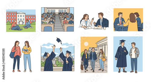 Diverse college students experience academic journey from campus life to graduation day celebrations