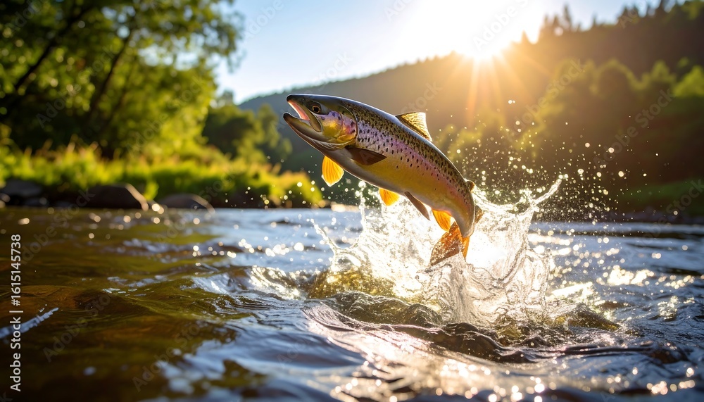Fototapeta premium Trout leaps from river, sunlit scene