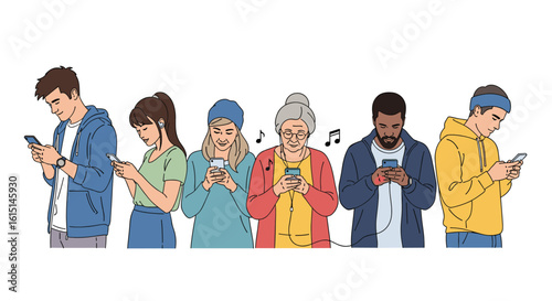 Diverse group of people absorbed in their mobile phones illustrating modern digital connectivity and individual focus