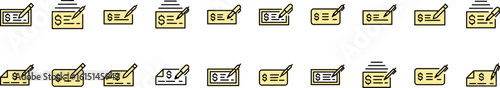 Bundle of Filled Color Icons of Bank Check. Minimalistic Linear Pictogram for Web and Graphic Design, Apps, Banners, Social Network and Cards