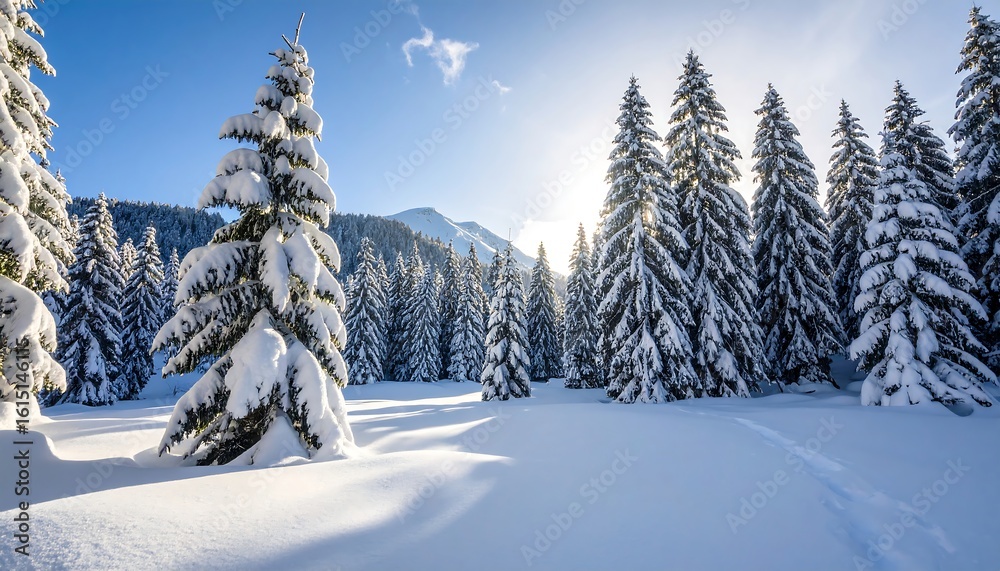 Naklejka premium Sunlit snow-covered evergreen forest, mountains in background