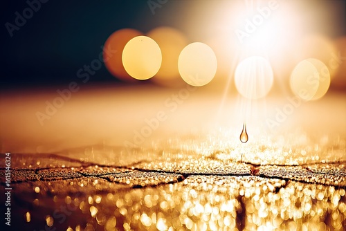 Golden droplet descends onto cracked ground, bathed in radiant light