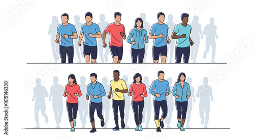 Diverse group of people running together in athletic apparel illustrating fitness and healthy lifestyle choices