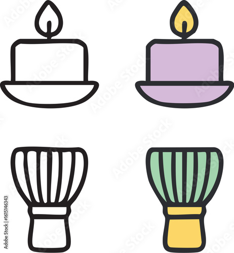 Aromatherapy Candle and Matcha Whisk Icon Set.