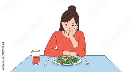 A young woman expresses disappointment over a healthy salad meal while sitting at a dining table