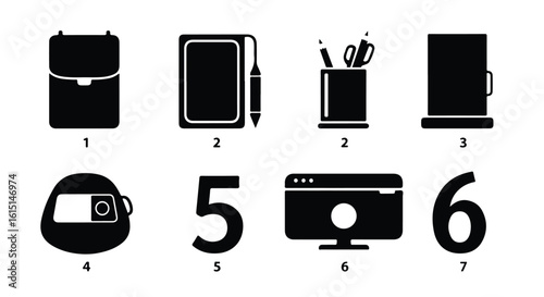 Vector silhouette illustration a set of office supplies, notebook, pen, pencil, scissors, cup, computer, monitor