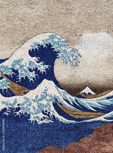 A pointillist rendition of a giant, curling wave dominating the sea, with distant mountains and small boats. Brown earth sits at the bottom