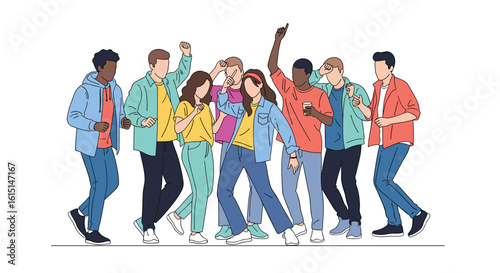 A diverse group of young people enjoying a lively dance celebration together in colorful casual clothing