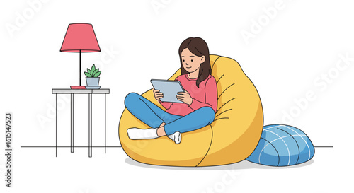 A young woman enjoys reading a book while relaxing in a cozy beanbag chair at home