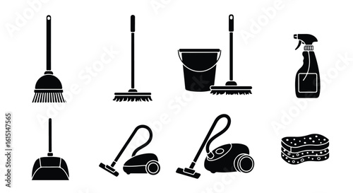 Vector silhouette illustration tools for cleaning, including a mop, bucket, and vacuum cleaner, are displayed