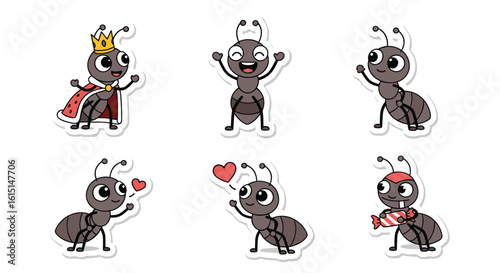 Charming ant stickers featuring regal joyful waving sending love and bandana styled characters
