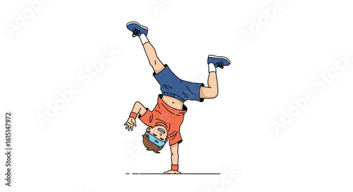 A young boy gracefully performs a handstand on roller skates showcasing impressive balance and athletic skill during a dynamic outdoor activity