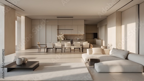 Luxury Open Plan Interior: Modern Living Room, Dining Area, and Kitchen with Minimalist Design and Natural Light