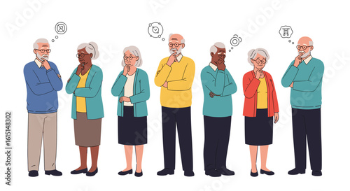 Diverse group of senior people contemplating and thinking deeply together while standing in a line