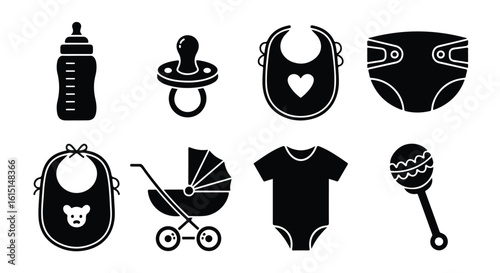 Vector silhouette illustration a collection of baby essentials including a pacifier, bib, stroller, and onesie, in black silhouette