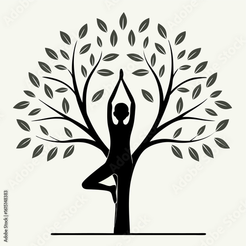 Vector art of a woman practices yoga tree pose isolated on white background
