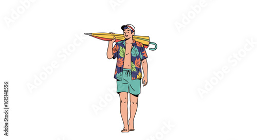 Man in hawaiian shirt and shorts walking with surfboard and inflatable ring on a bright white background with summer vibes