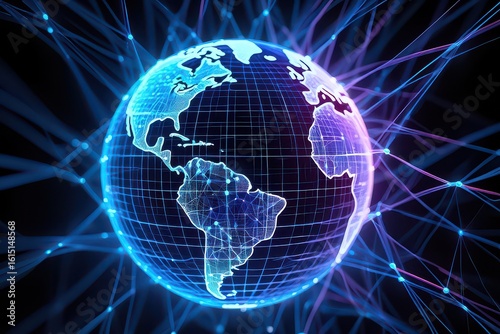 Futuristic glowing Earth globe showing global technology and digital communication network