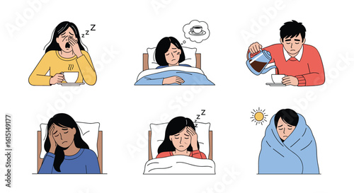 Depicting emotions and physical states of individuals experiencing discomfort fatigue illness and sleeplessness through various visual representations