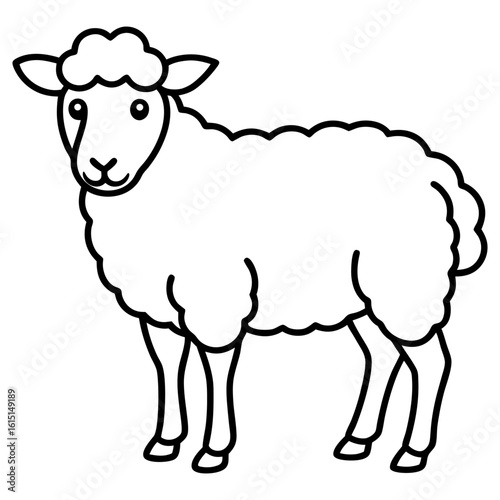 A simple black and white drawing of a sheep standing sideways