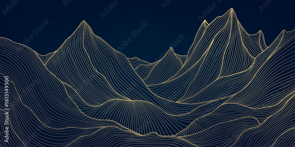 Vector art line gold mountain background, japanese abstract nature hills, rocks, sea graphic. Curve luxury view texture.